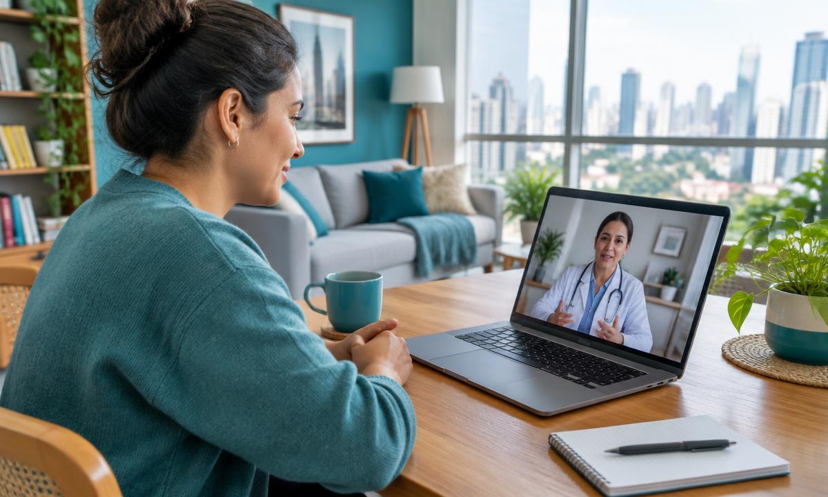 Paciente conversa por videoconferência com médica em um computador em casa
